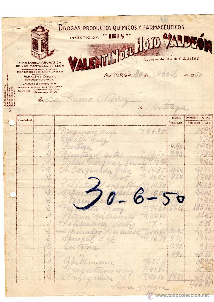 Facturas antiguas: FACTURA.VALENTIN DEL HOYO VALDEON,INSECTICIDA,ASTORGA,1950.