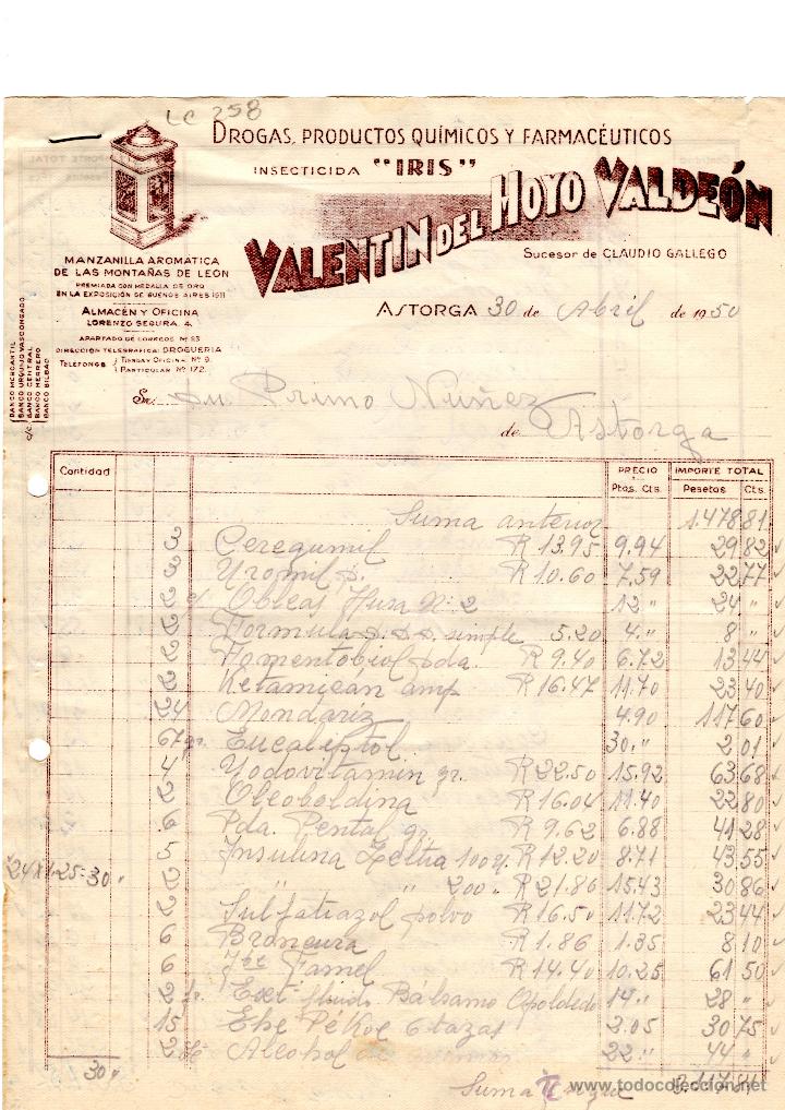 Facturas antiguas: FACTURA.VALENTIN DEL HOYO VALDEON,INSECTICIDA,ASTORGA,1950.