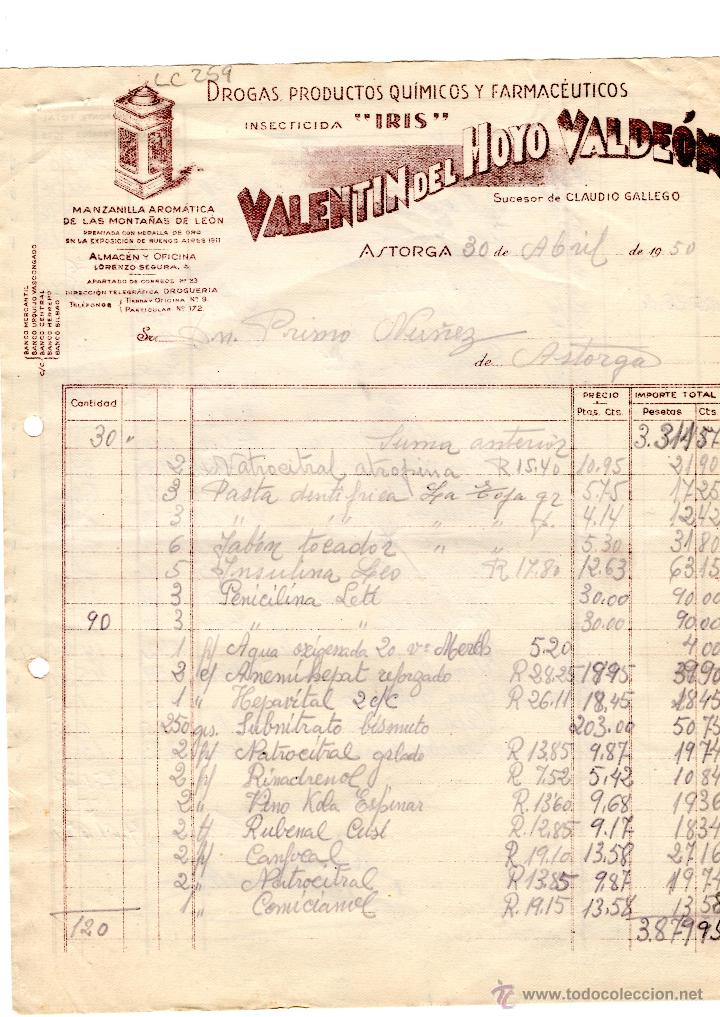 Facturas antiguas: FACTURA.VALENTIN DEL HOYO VALDEON,INSECTICIDA,ASTORGA,1950.