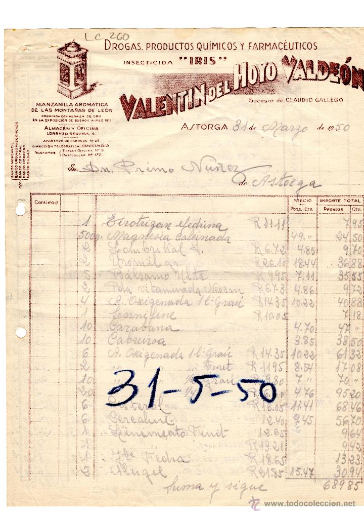 Facturas antiguas: FACTURA.VALENTIN DEL HOYO VALDEON,INSECTICIDA,ASTORGA,1950.