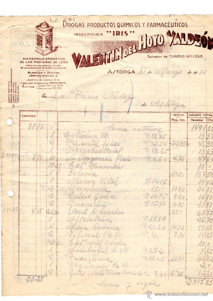 Facturas antiguas: FACTURA.VALENTIN DEL HOYO VALDEON,INSECTICIDA,ASTORGA,1950.