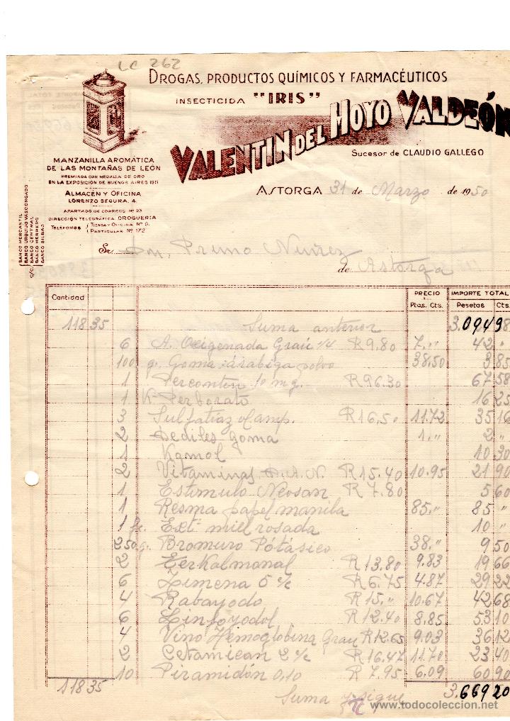 Facturas antiguas: FACTURA.VALENTIN DEL HOYO VALDEON,INSECTICIDA,ASTORGA,1950.