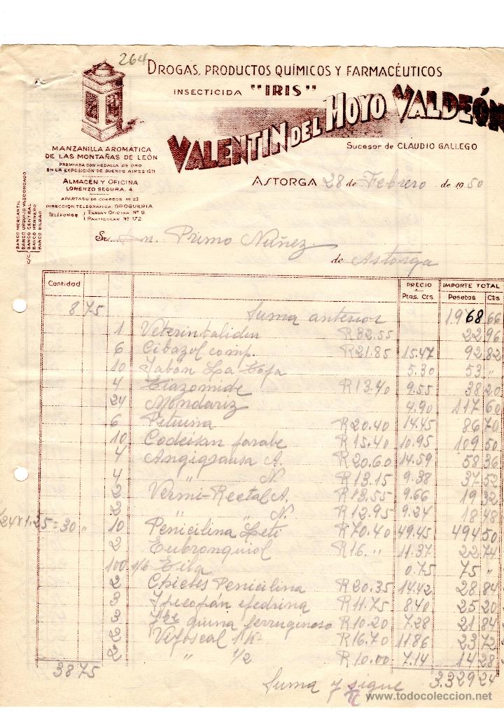 Facturas antiguas: FACTURA.VALENTIN DEL HOYO VALDEON,INSECTICIDA,ASTORGA,1950.