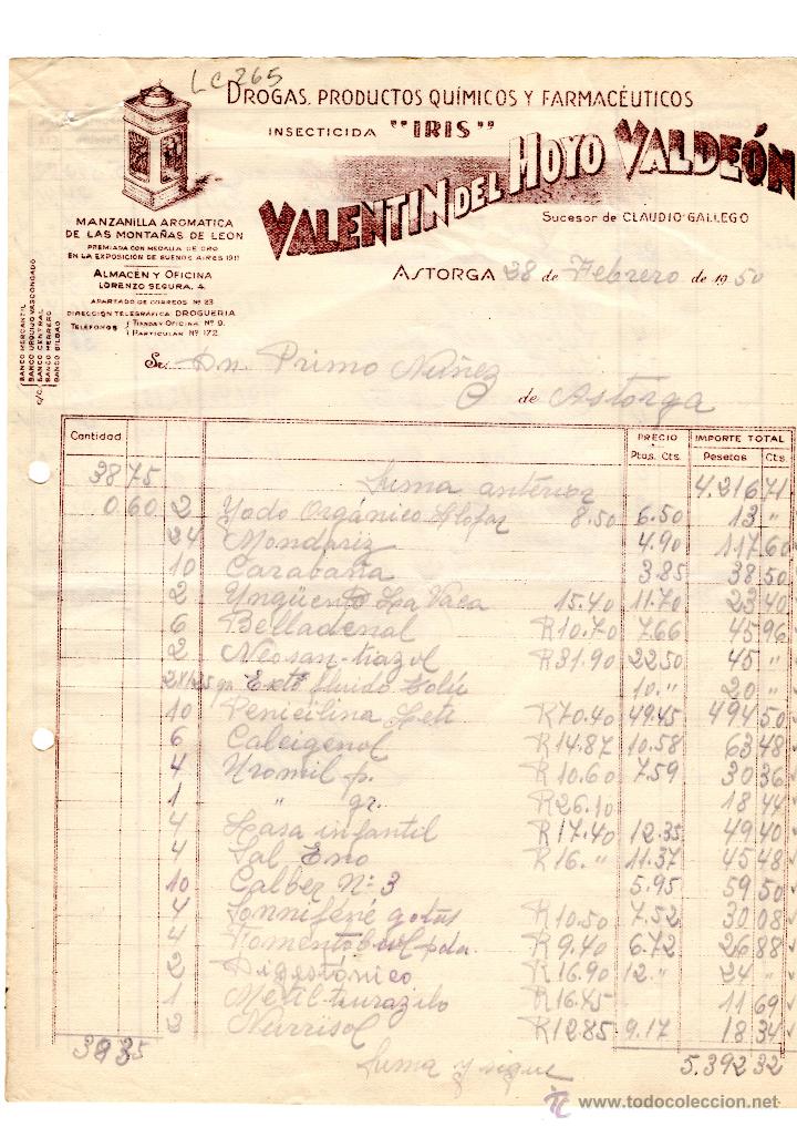 Facturas antiguas: FACTURA.VALENTIN DEL HOYO VALDEON,INSECTICIDA,ASTORGA,1950.