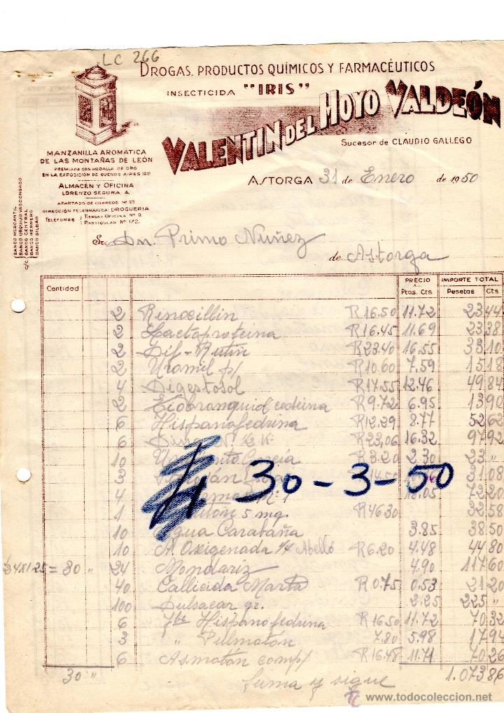 Facturas antiguas: FACTURA.VALENTIN DEL HOYO VALDEON,INSECTICIDA,ASTORGA,1950.