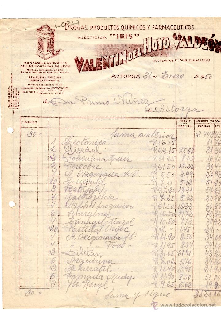 Facturas antiguas: FACTURA.VALENTIN DEL HOYO VALDEON,INSECTICIDA,ASTORGA,1950.