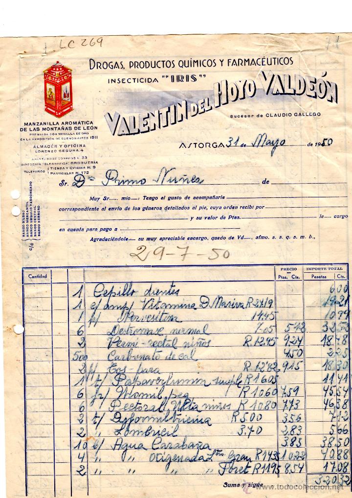 Facturas antiguas: FACTURA.VALENTIN DEL HOYO VALDEON,INSECTICIDA,ASTORGA,1950.