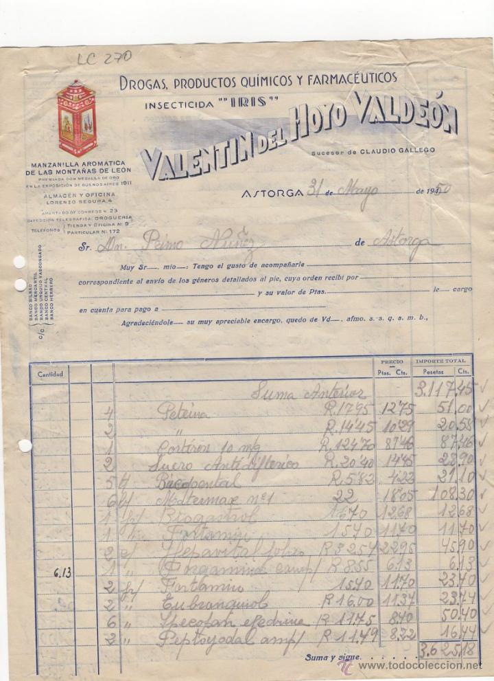 Fatture antiche: FACTURA.VALENTIN DEL HOYO VALDEON,INSECTICIDA,ASTORGA,1950.