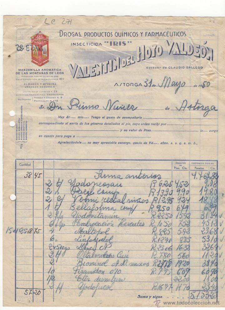 Fatture antiche: FACTURA.VALENTIN DEL HOYO VALDEON,INSECTICIDA,ASTORGA,1950.