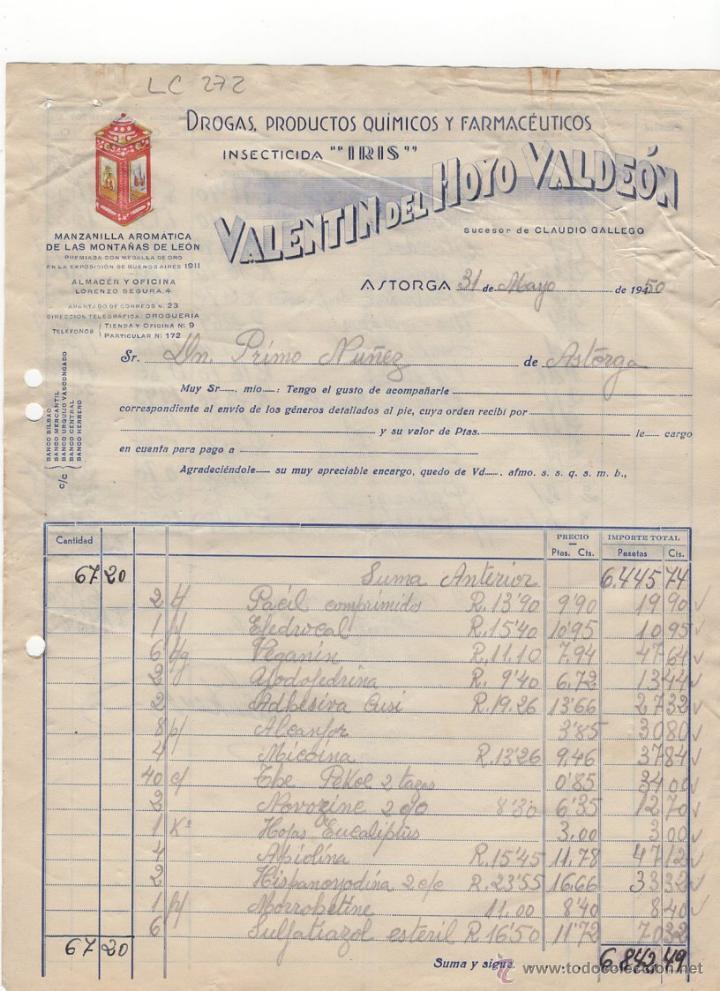 Fatture antiche: FACTURA.VALENTIN DEL HOYO VALDEON,INSECTICIDA,ASTORGA,1950.