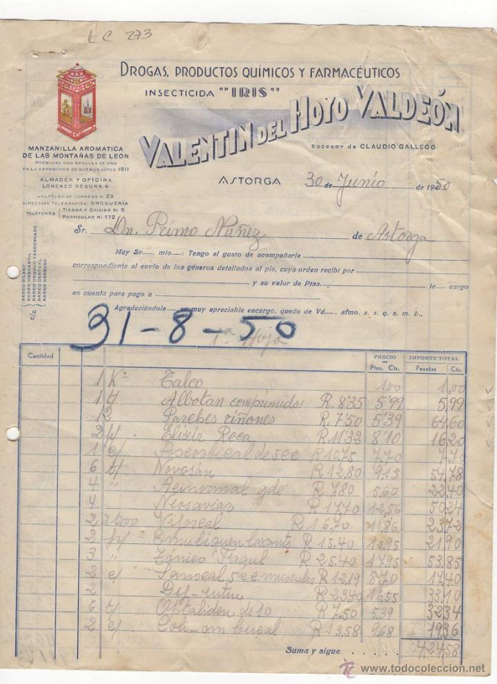 Fatture antiche: FACTURA.VALENTIN DEL HOYO VALDEON,INSECTICIDA,ASTORGA,1950.