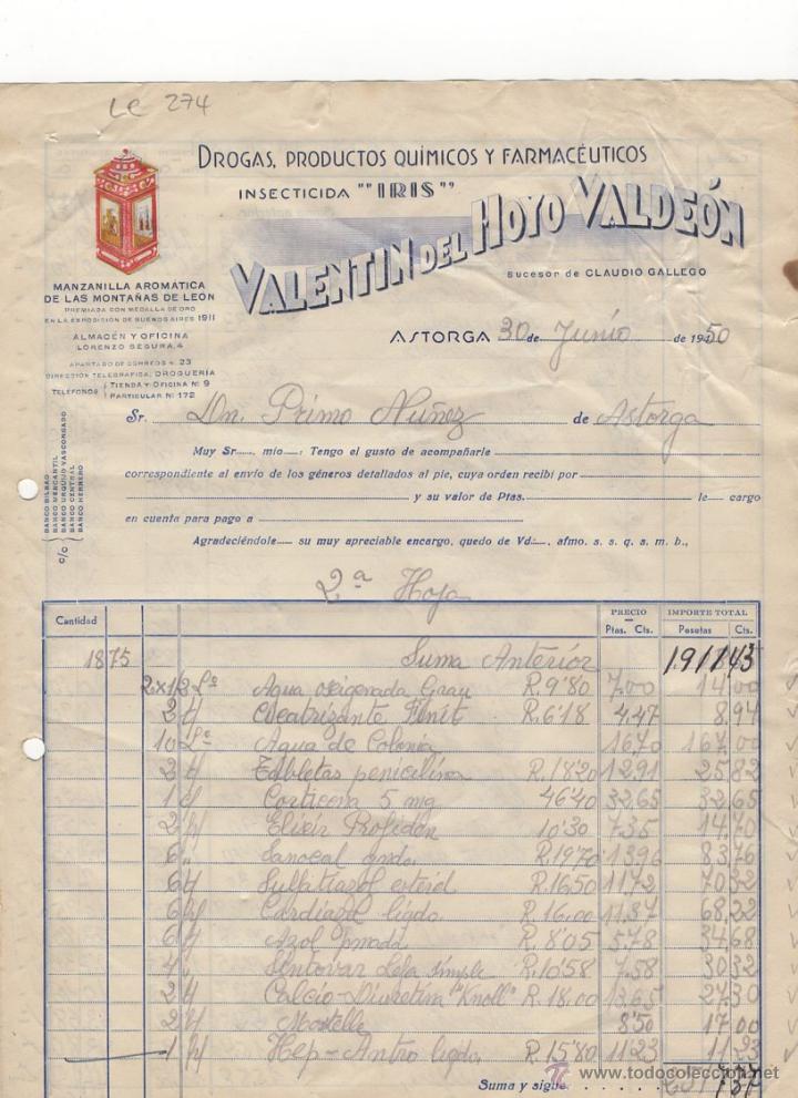 Fatture antiche: FACTURA.VALENTIN DEL HOYO VALDEON,INSECTICIDA,ASTORGA,1950.