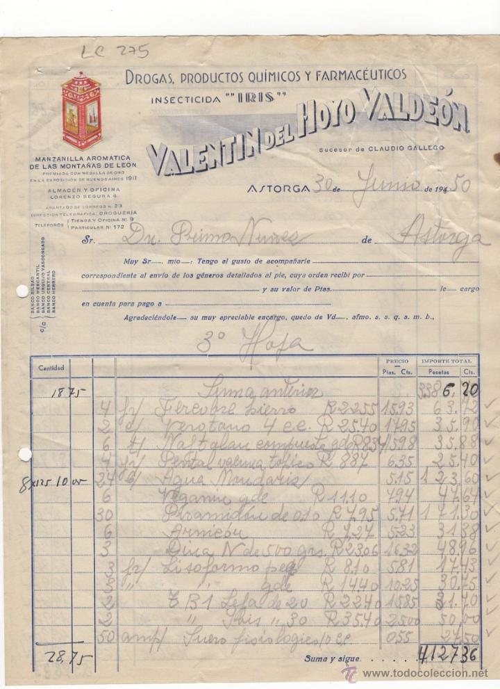 Fatture antiche: FACTURA.VALENTIN DEL HOYO VALDEON,INSECTICIDA,ASTORGA,1950.