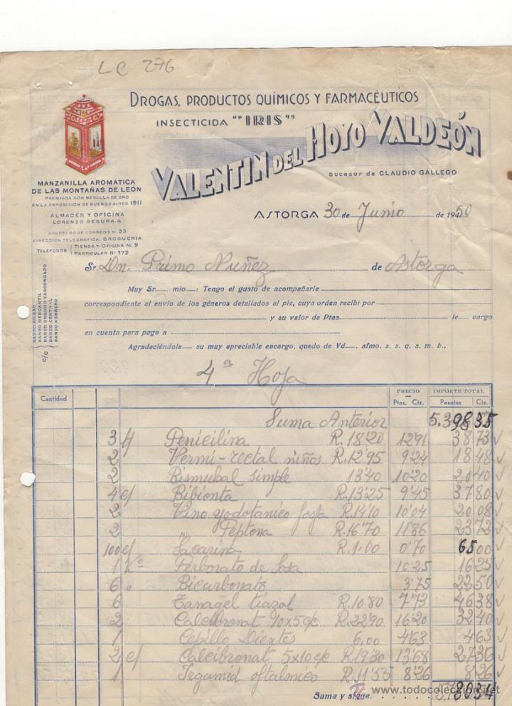 Fatture antiche: FACTURA.VALENTIN DEL HOYO VALDEON,INSECTICIDA,ASTORGA,1950.