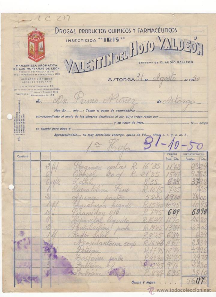 Fatture antiche: FACTURA.VALENTIN DEL HOYO VALDEON,INSECTICIDA,ASTORGA,1950.