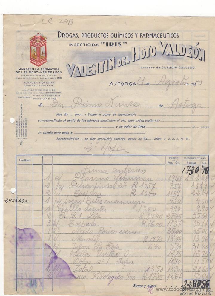 Old Invoices: FACTURA.VALENTIN DEL HOYO VALDEON,INSECTICIDA,ASTORGA,1950.
