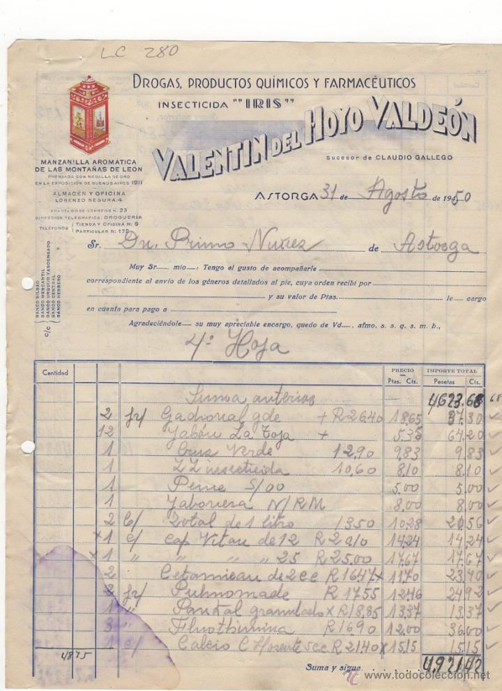 Old Invoices: FACTURA.VALENTIN DEL HOYO VALDEON,INSECTICIDA,ASTORGA,1950.