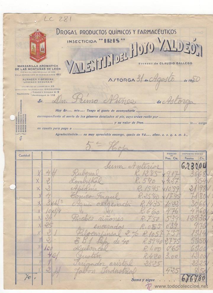 Old Invoices: FACTURA.VALENTIN DEL HOYO VALDEON,INSECTICIDA,ASTORGA,1950.