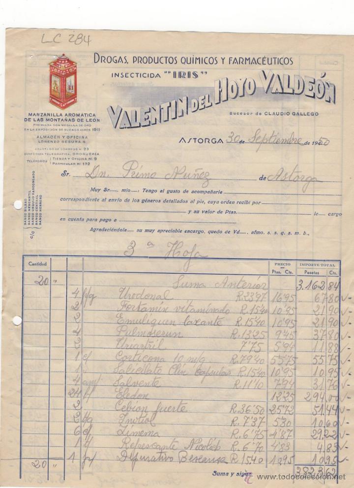 Old Invoices: FACTURA.VALENTIN DEL HOYO VALDEON,INSECTICIDA,ASTORGA,1950.