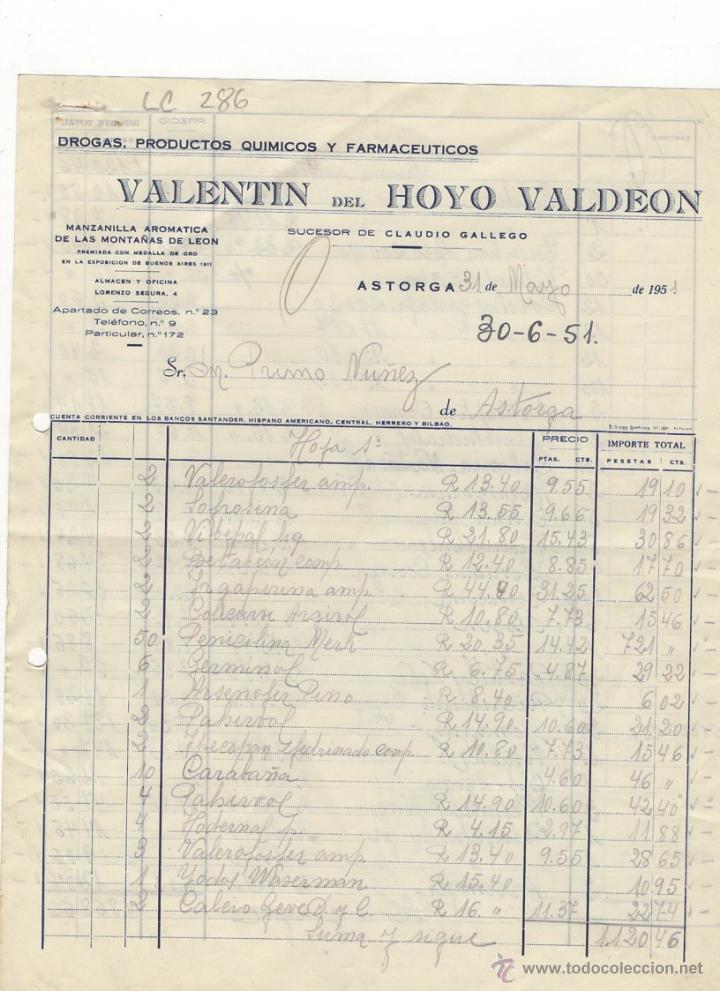 Old Invoices: fFACTURA.VALENTIN DEL HOYO VALDEON.FARMACIA,ASTORGA,1951.