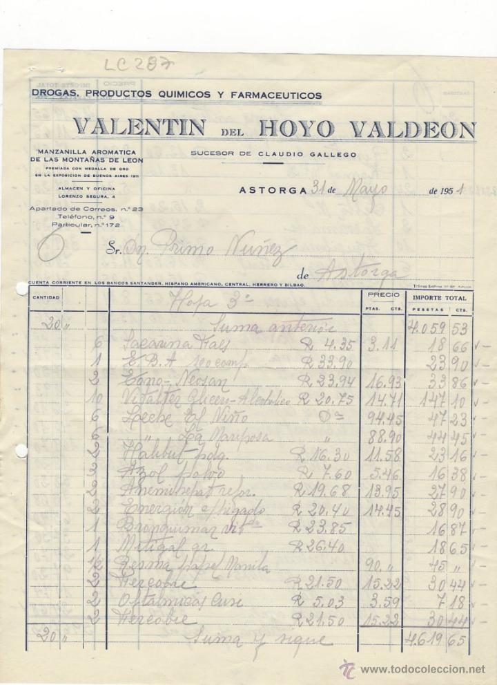 Old Invoices: fFACTURA.VALENTIN DEL HOYO VALDEON.FARMACIA,ASTORGA,1951.