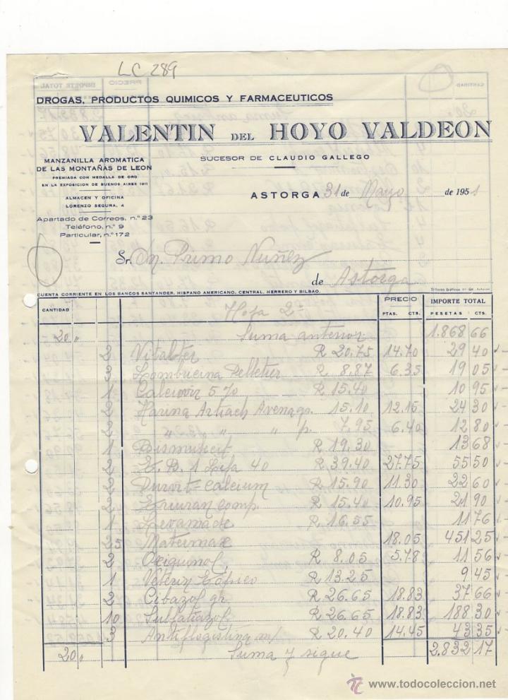 Old Invoices: FACTURA.VALENTIN DEL HOYO VALDEON.FARMACIA,ASTORGA,1951.