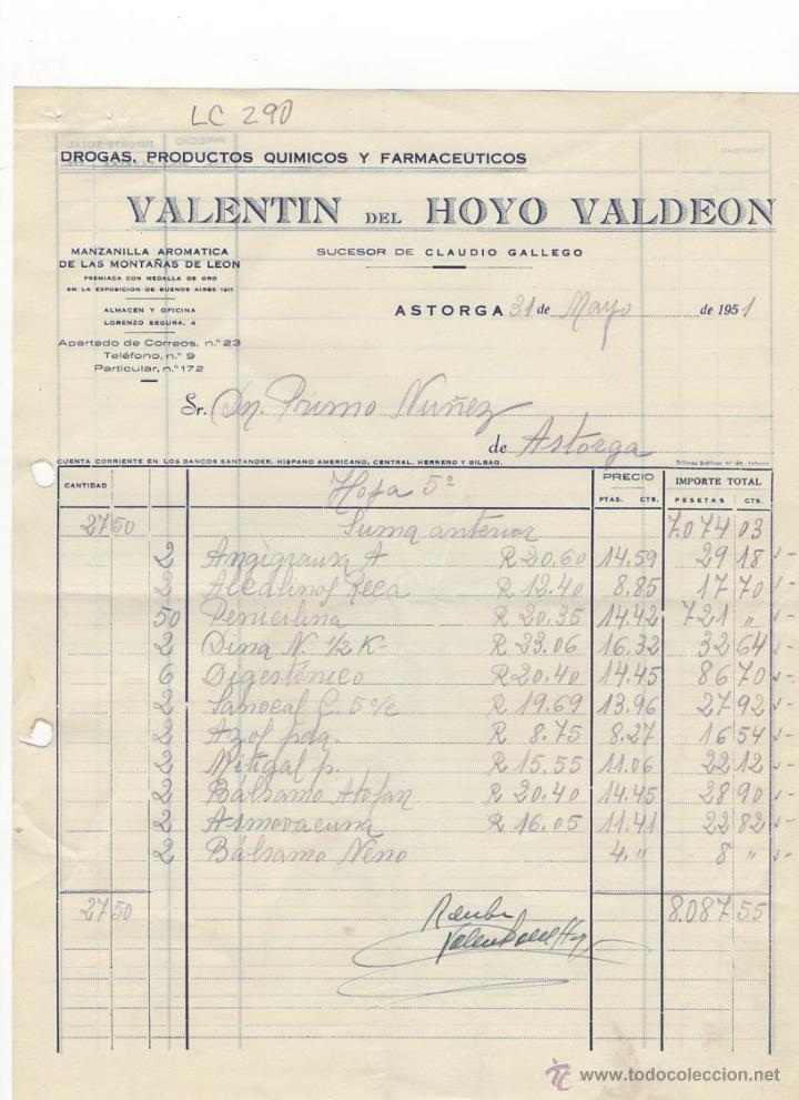 Old Invoices: FACTURA.VALENTIN DEL HOYO VALDEON.FARMACIA,ASTORGA,1951.