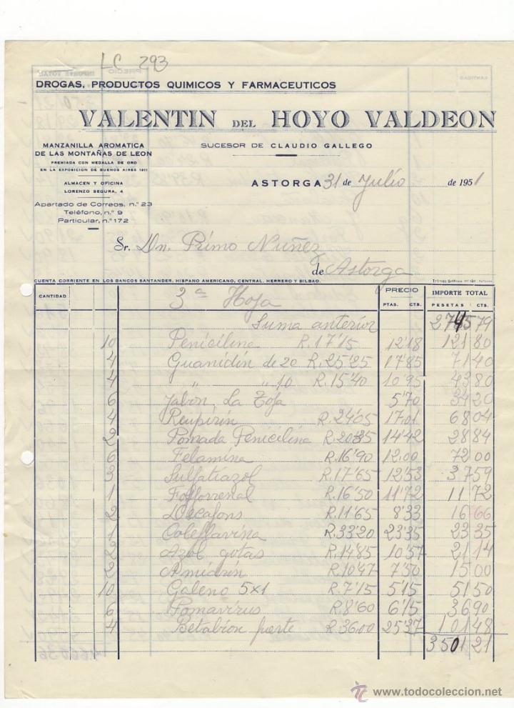 Old Invoices: FACTURA.VALENTIN DEL HOYO VALDEON.FARMACIA,ASTORGA,1951.