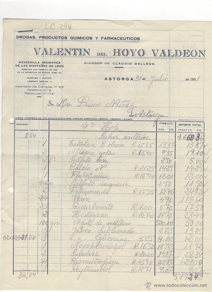 Old Invoices: FACTURA.VALENTIN DEL HOYO VALDEON.FARMACIA,ASTORGA,1951.