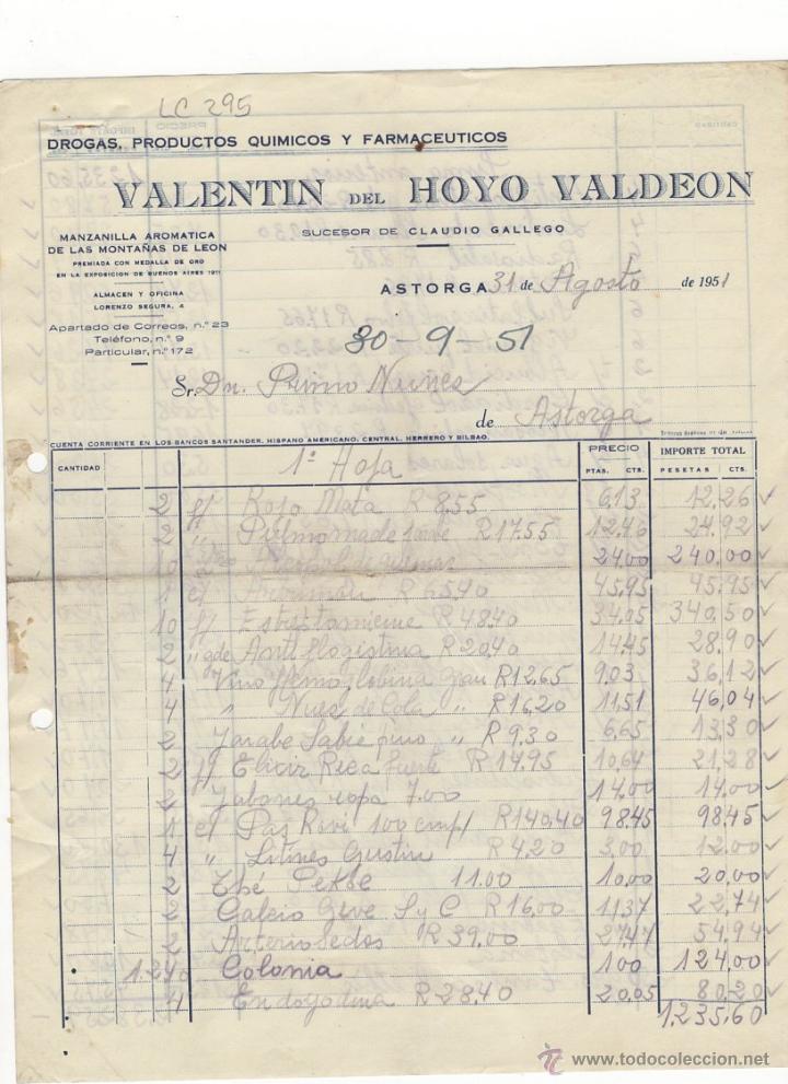 Old Invoices: FACTURA.VALENTIN DEL HOYO VALDEON.FARMACIA,ASTORGA,1951.