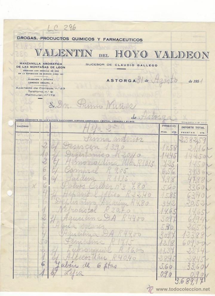 Old Invoices: FACTURA.VALENTIN DEL HOYO VALDEON.FARMACIA,ASTORGA,1951.