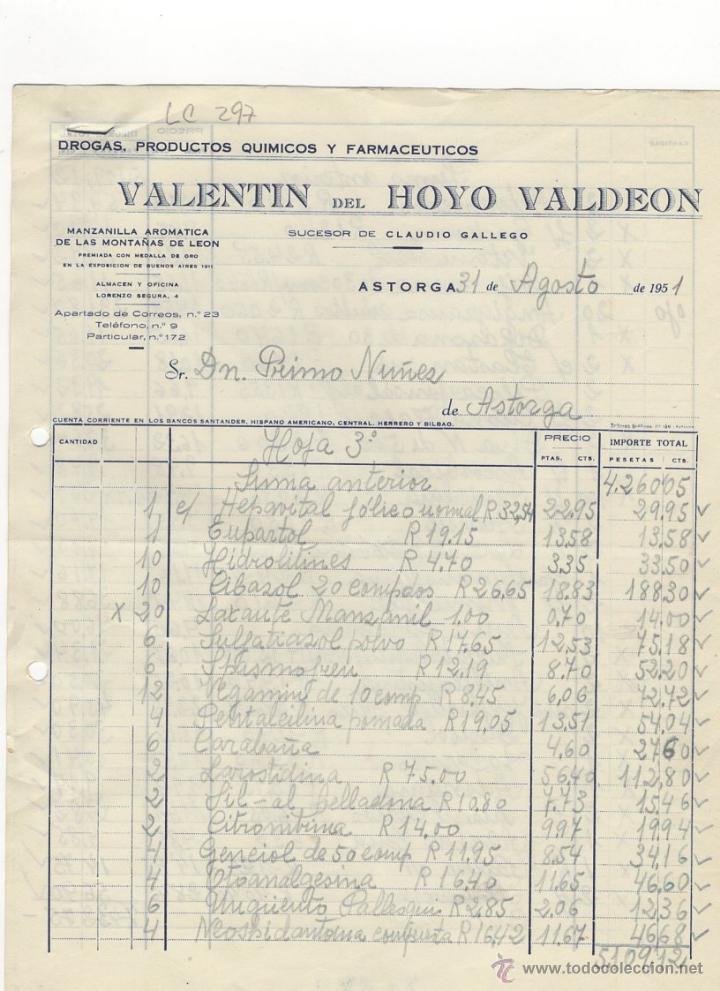 Old Invoices: FACTURA.VALENTIN DEL HOYO VALDEON.FARMACIA,ASTORGA,1951.