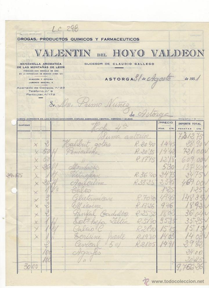 Old Invoices: FACTURA.VALENTIN DEL HOYO VALDEON.FARMACIA,ASTORGA,1951.