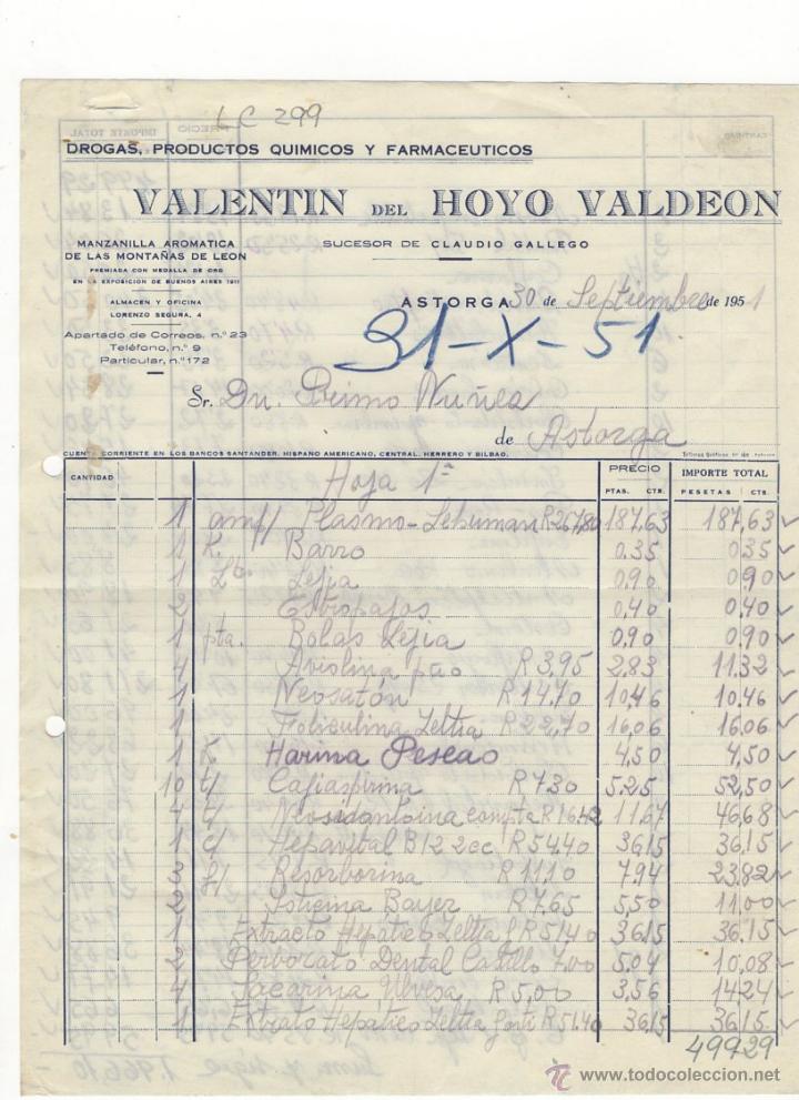 Old Invoices: FACTURA.VALENTIN DEL HOYO VALDEON.FARMACIA,ASTORGA,1951.
