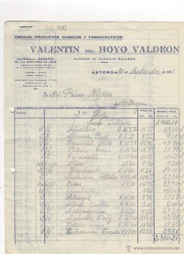 Old Invoices: FACTURA.VALENTIN DEL HOYO VALDEON.FARMACIA,ASTORGA,1951.