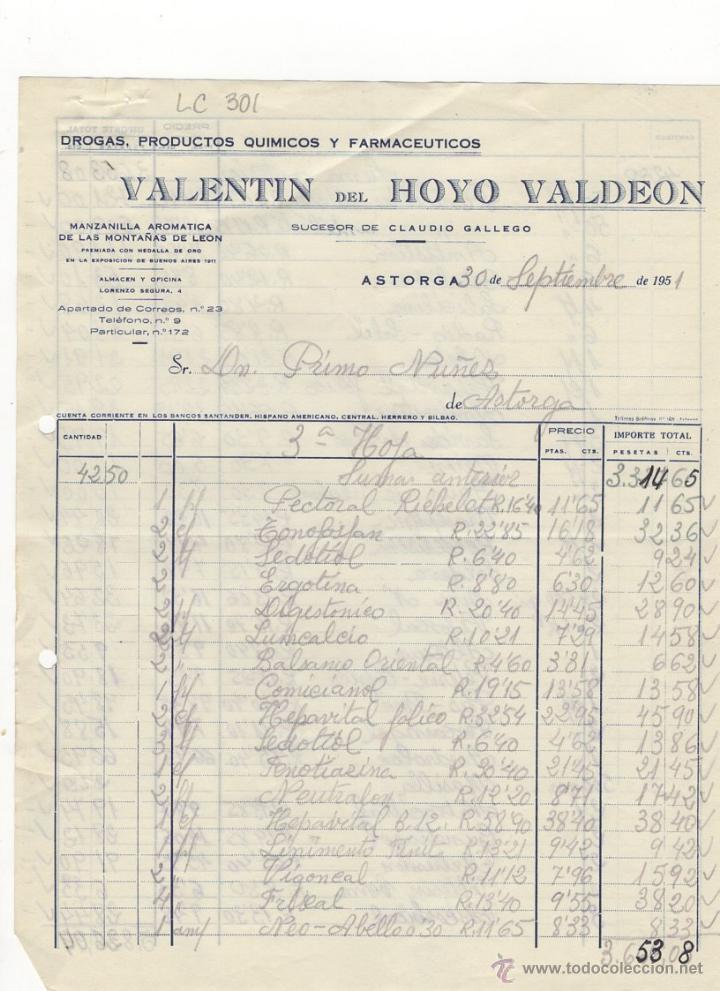 Old Invoices: FACTURA.VALENTIN DEL HOYO VALDEON.FARMACIA,ASTORGA,1951.
