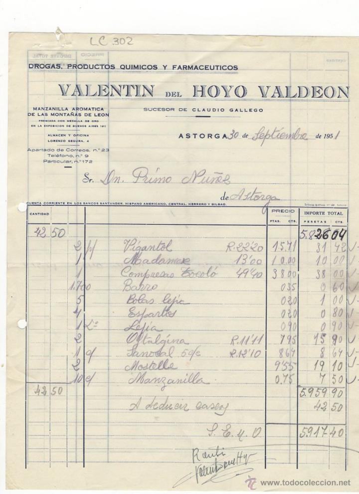 Old Invoices: FACTURA.VALENTIN DEL HOYO VALDEON.FARMACIA,ASTORGA,1951.