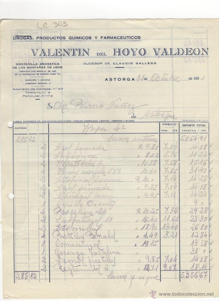Old Invoices: FACTURA.VALENTIN DEL HOYO VALDEON.FARMACIA,ASTORGA,1951.