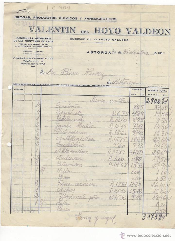 Old Invoices: FACTURA.VALENTIN DEL HOYO VALDEON.FARMACIA,ASTORGA,1950.