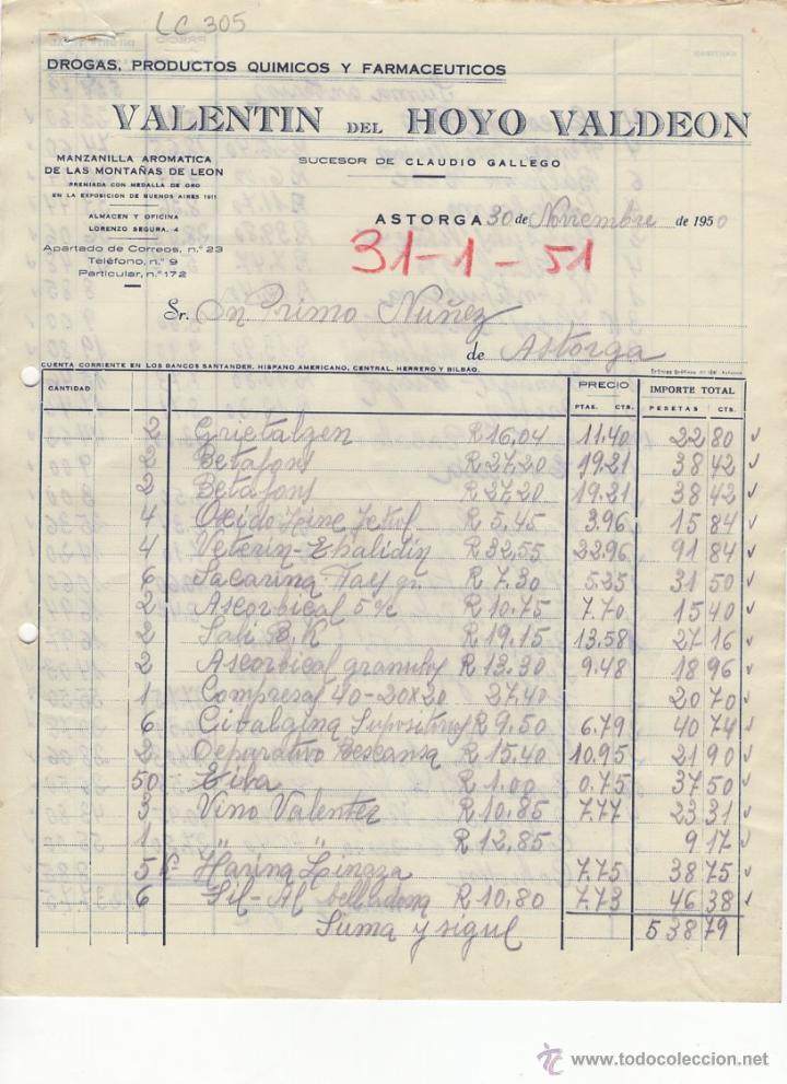 Old Invoices: FACTURA.VALENTIN DEL HOYO VALDEON.FARMACIA,ASTORGA,1950.