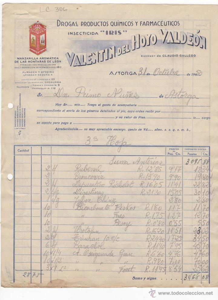Old Invoices: FACTURA.VALENTIN DEL HOYO VALDEON.FARMACIA,ASTORGA,1950.
