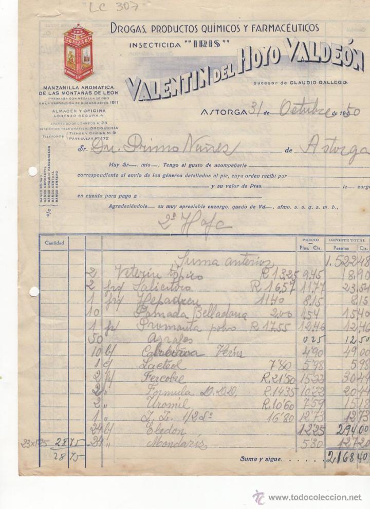 Old Invoices: FACTURA.VALENTIN DEL HOYO VALDEON.FARMACIA,ASTORGA,1950.