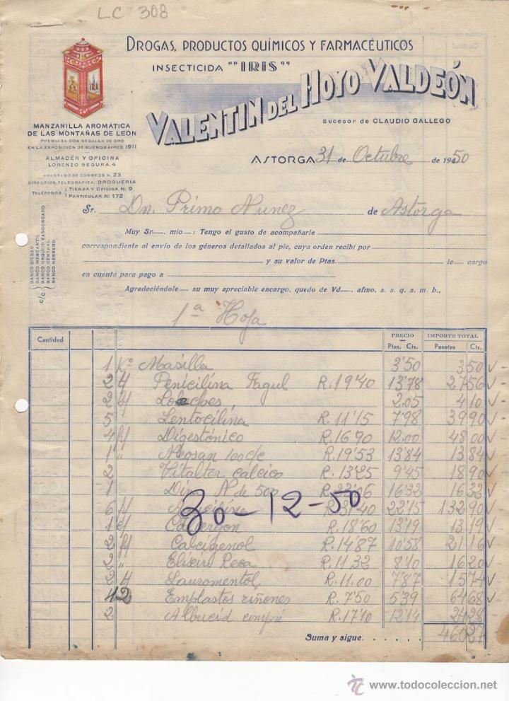 Old Invoices: FACTURA.VALENTIN DEL HOYO VALDEON,INSECTICIDA,ASTORGA,1950.