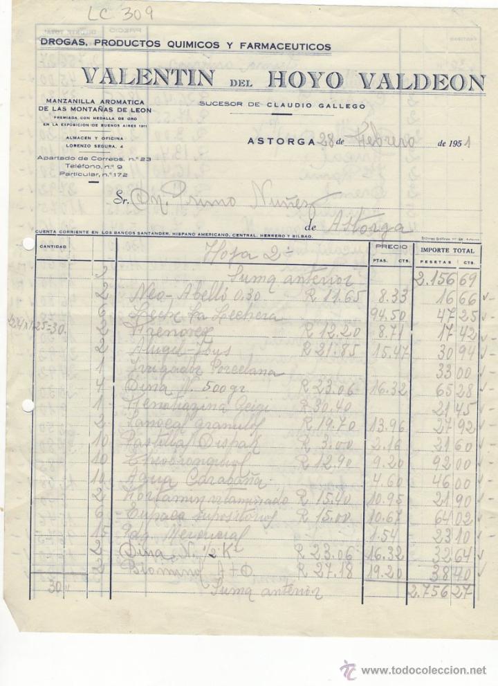 Old Invoices: FACTURA.VALENTIN DEL HOYO VALDEON.FARMACIA,ASTORGA,1951.