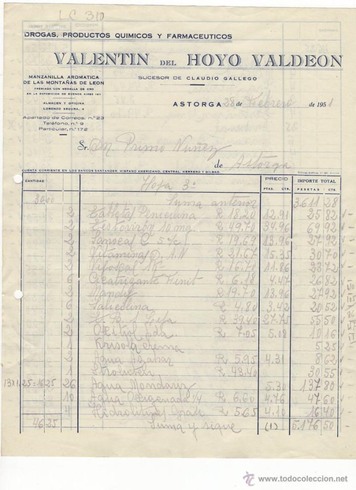Old Invoices: FACTURA.VALENTIN DEL HOYO VALDEON.FARMACIA,ASTORGA,1951.