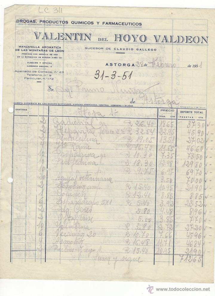Old Invoices: FACTURA.VALENTIN DEL HOYO VALDEON.FARMACIA,ASTORGA,1951.