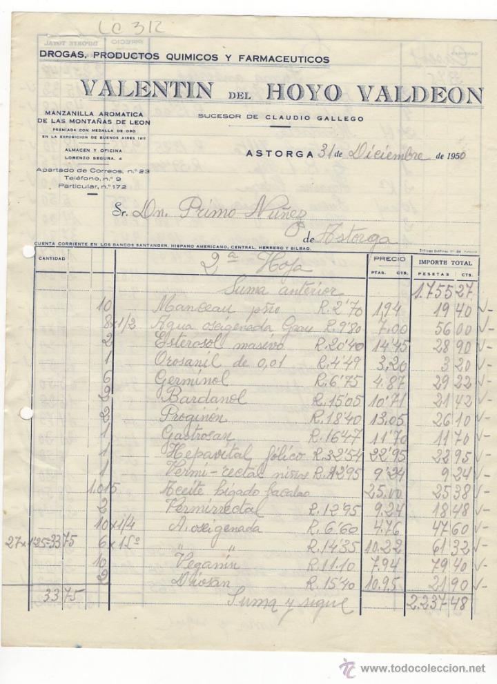 Old Invoices: FACTURA.VALENTIN DEL HOYO VALDEON.FARMACIA,ASTORGA,1950.
