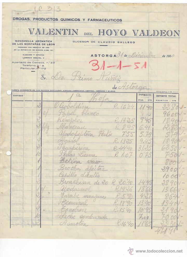 Old Invoices: FACTURA.VALENTIN DEL HOYO VALDEON.FARMACIA,ASTORGA,1950.