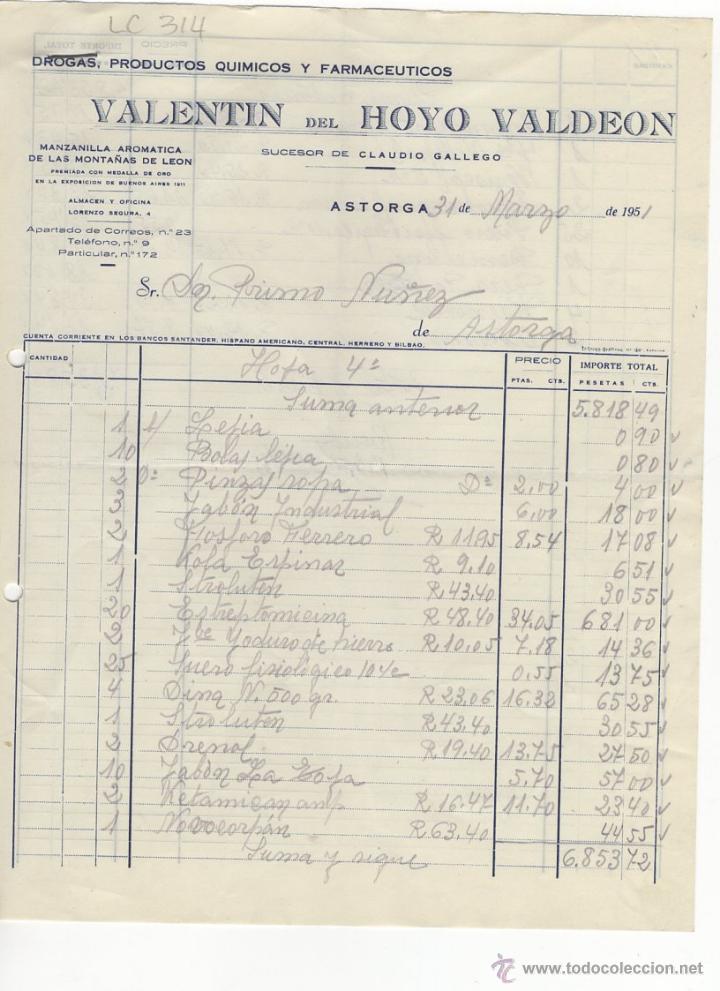 Old Invoices: FACTURA.VALENTIN DEL HOYO VALDEON.FARMACIA,ASTORGA,1951.