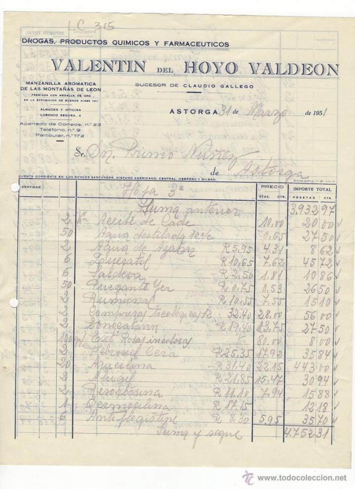 Old Invoices: FACTURA.VALENTIN DEL HOYO VALDEON.FARMACIA,ASTORGA,1951.